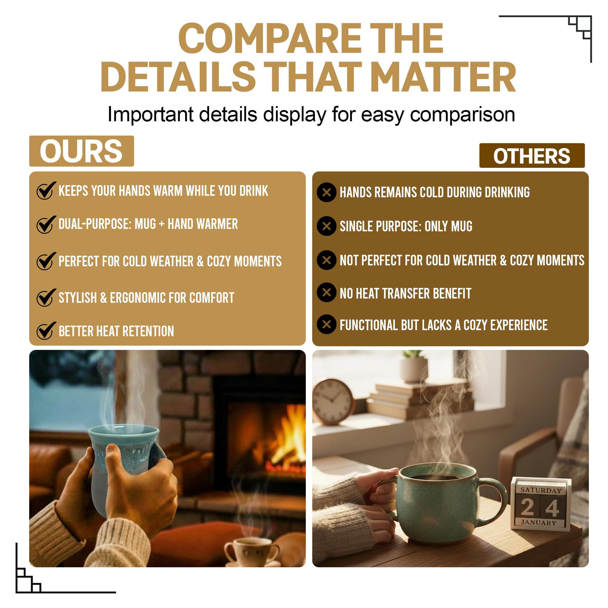 Clay in Motion Hand Warmer Coffee Mug – Handmade Coffee Mug With Comfortable Handle Contoured Pocket Hand Warming Ceramic Coffee Mug – Proudly Made in USA – Right Handed – 14 Oz - Island Oasis