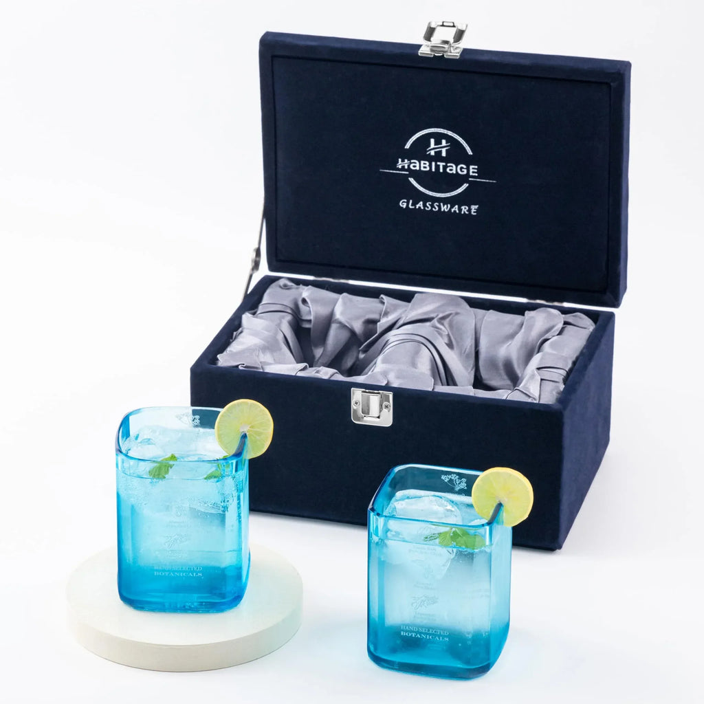 Upcycled Bombay Sapphire Gin Glasses for Drinks - Set of 2 with Velvet Gift Box | Eco-friendly Glassware handcrafted from Gin bottles | Ideal for Gin, Whiskey, Juices, Smoothies, Cocktails - Handmade Lifestyle Shop