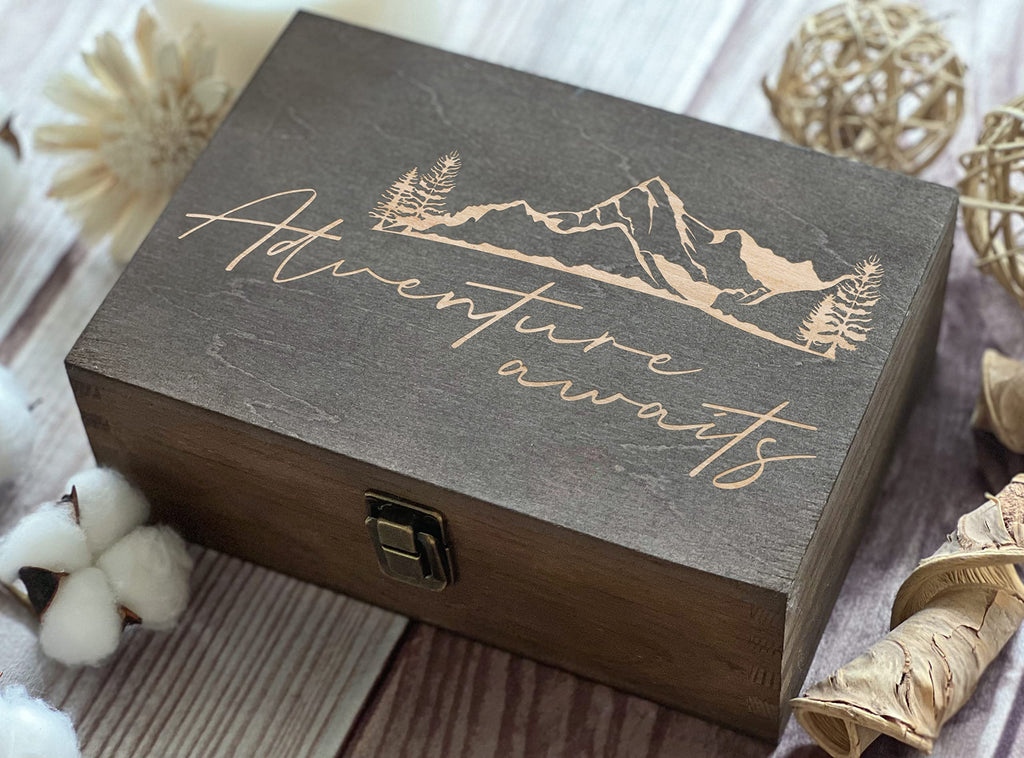 Dark Walnut Wooden Keepsake Box Our Adventures - 8.5x6x3in, Ideal for 5th Anniversary, Elegant Memory Box for Couples, Travel-Themed Storage
