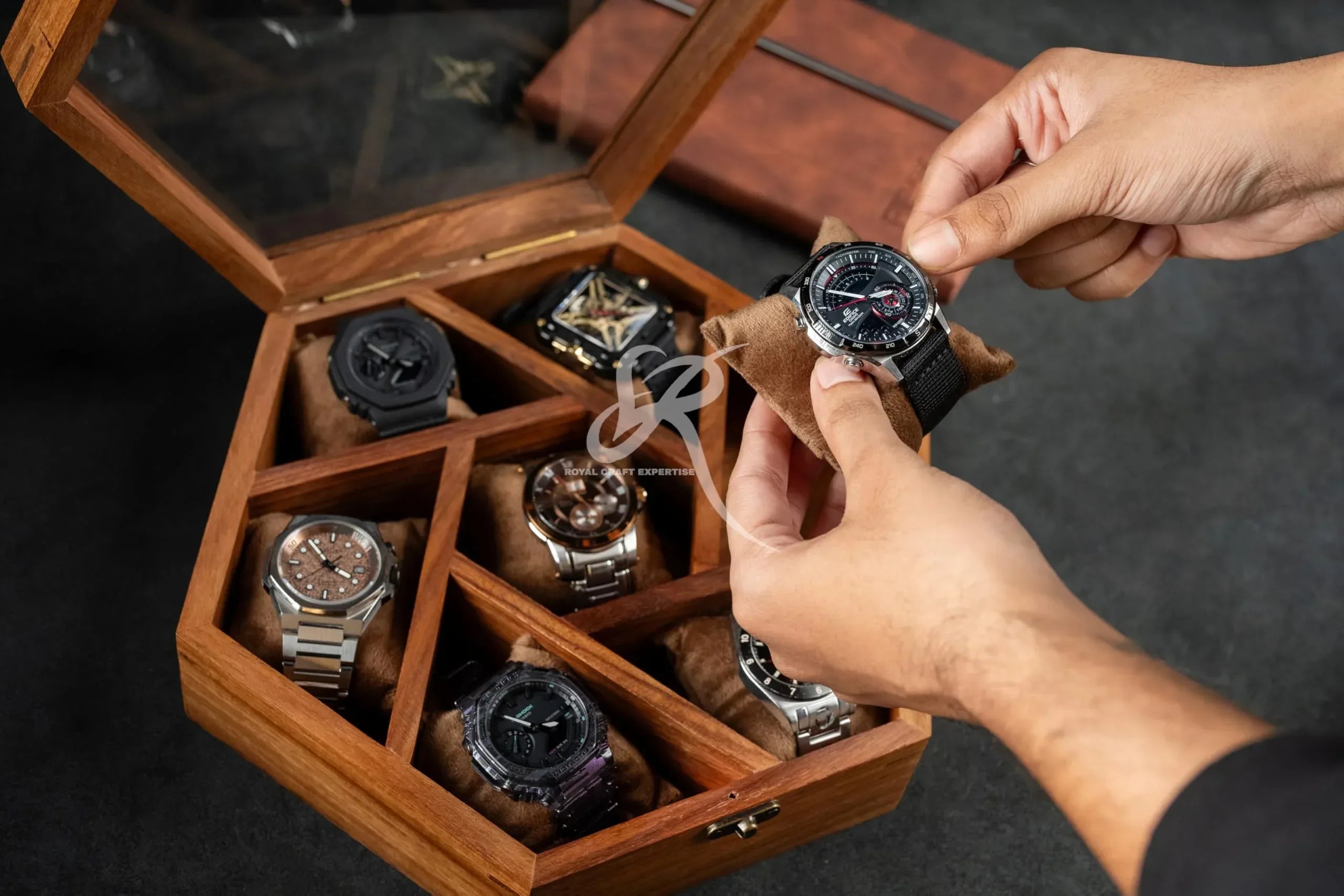 Premium 7-Slot Wooden Timepiece Display Case – Handcrafted Honeycomb Watch Box for Men in Superior Indian Rosewood | Hinged Glass Cover – Father’s Day Gift – Luxury Built to Last - Handmade Lifestyle Shop