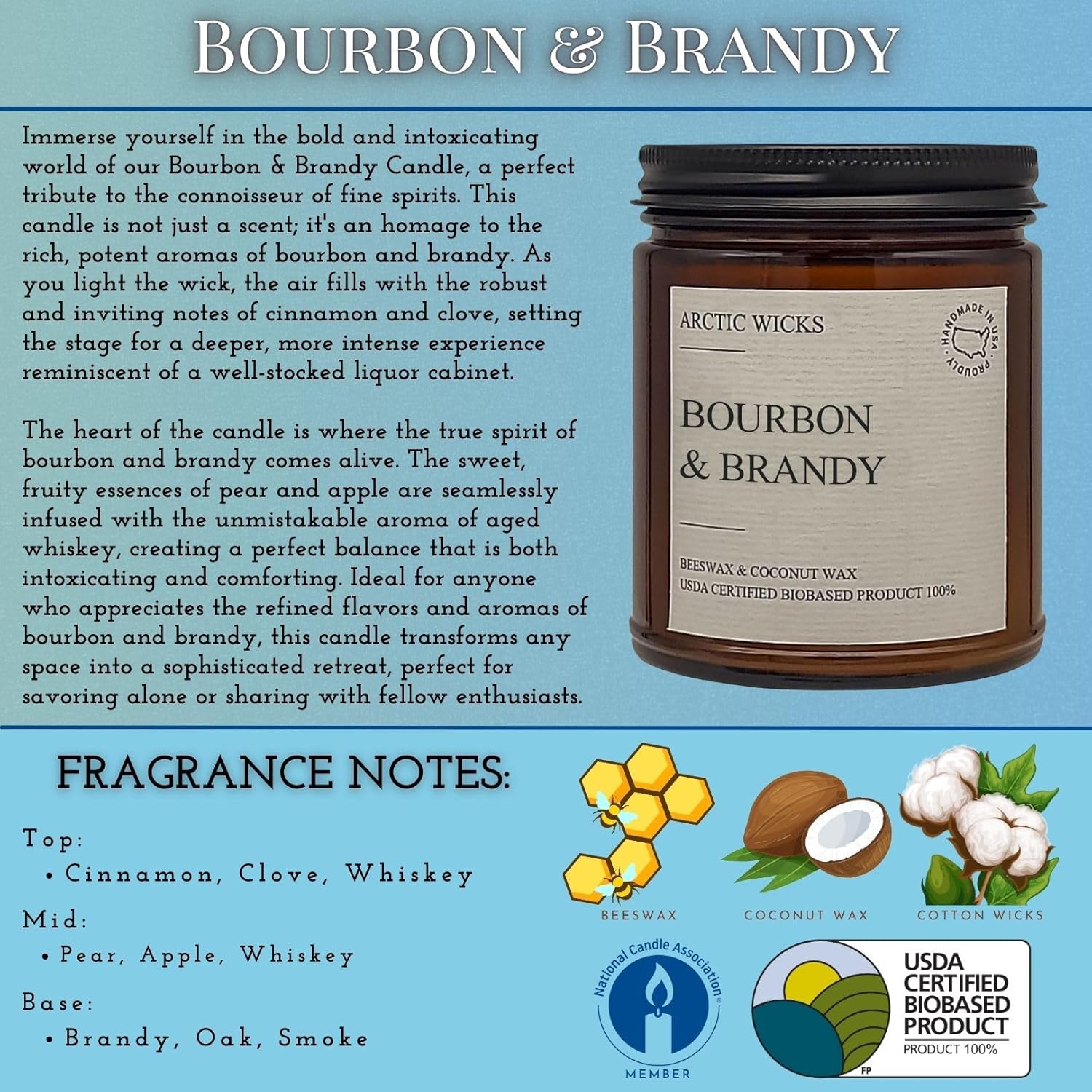 Vanilla Bourbon Candle | Arctic Wicks 9oz Coconut & Beeswax Candles | Scented Non-Toxic Candles for Fall, Winter, Holidays, Gifts For Him, Whiskey Bourbon, Vanilla Candle | USDA Certified Biobased