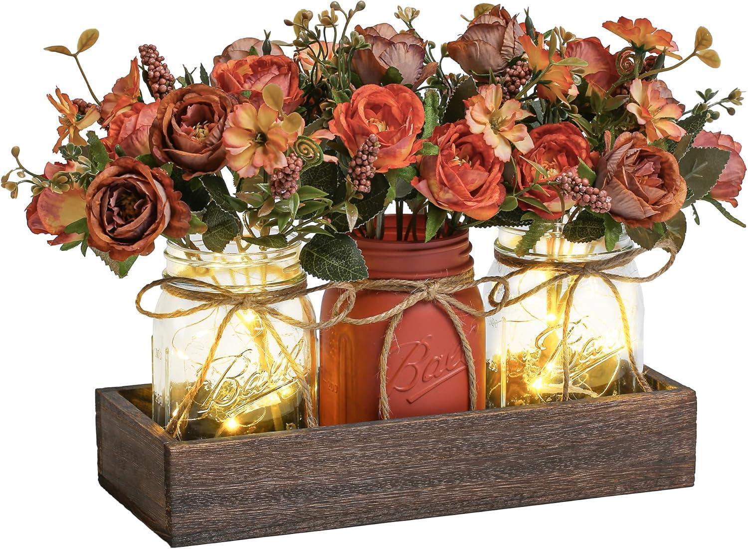 3 Pcs Mason Jar Centerpiece Table Decorations for Dining Table Decor Farmhouse Coffee Table Decor with Wood Tray and Led Light Table Centerpieces for Dining room Kitchen Living Bathroom,Orange - Handmade Lifestyle Shop