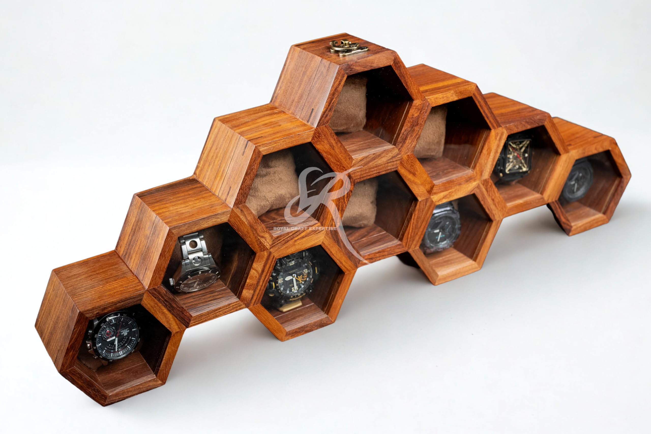 Premium 7-Slot Wooden Timepiece Display Case – Handcrafted Honeycomb Watch Box for Men in Superior Indian Rosewood | Hinged Glass Cover – Father’s Day Gift – Luxury Built to Last