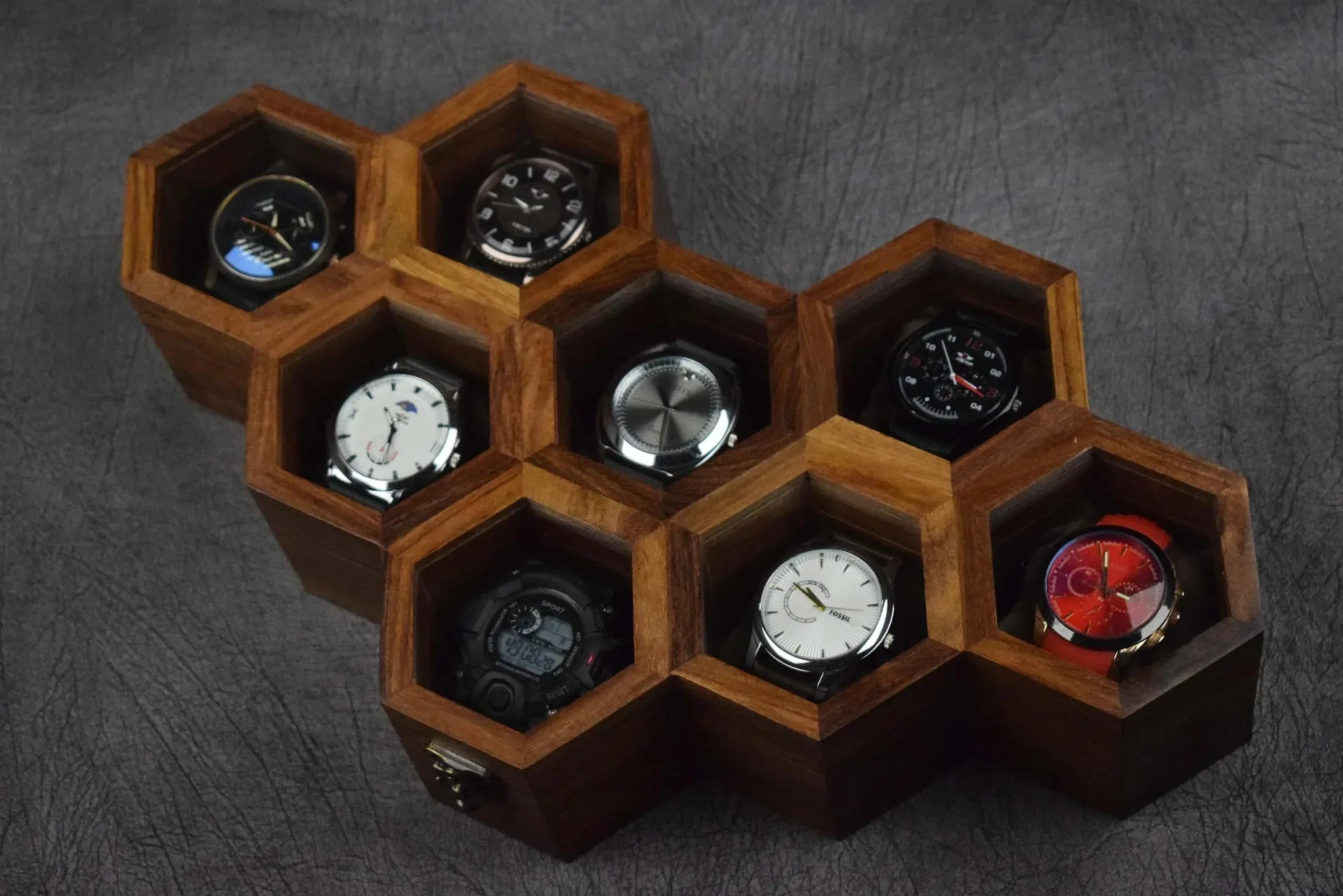 Premium 7-Slot Wooden Timepiece Display Case – Handcrafted Honeycomb Watch Box for Men in Superior Indian Rosewood | Hinged Glass Cover – Father’s Day Gift – Luxury Built to Last - Handmade Lifestyle Shop
