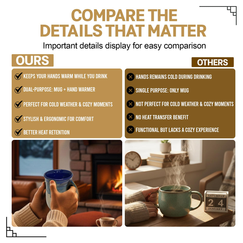 Clay in Motion Hand Warmer Coffee Mug – Handmade Coffee Mug With Comfortable Handle Contoured Pocket Hand Warming Ceramic Coffee Mug – Proudly Made in USA – Right Handed – 14 Oz - Island Oasis