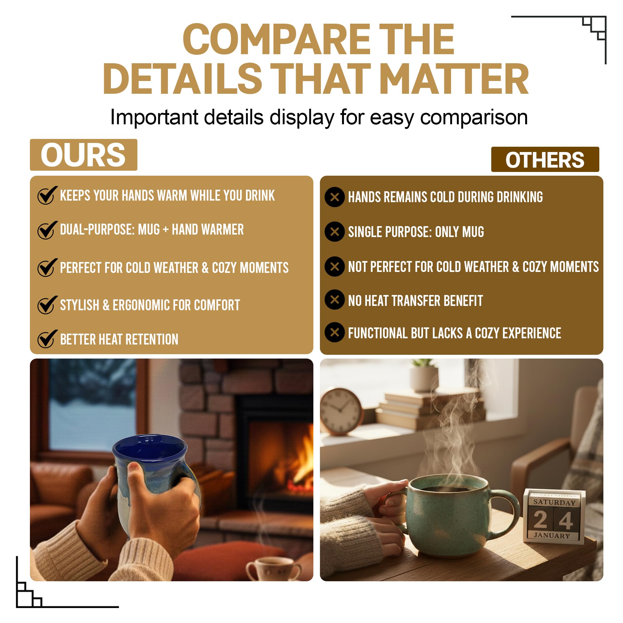 Clay in Motion Hand Warmer Coffee Mug – Handmade Coffee Mug With Comfortable Handle Contoured Pocket Hand Warming Ceramic Coffee Mug – Proudly Made in USA – Right Handed – 14 Oz - Island Oasis