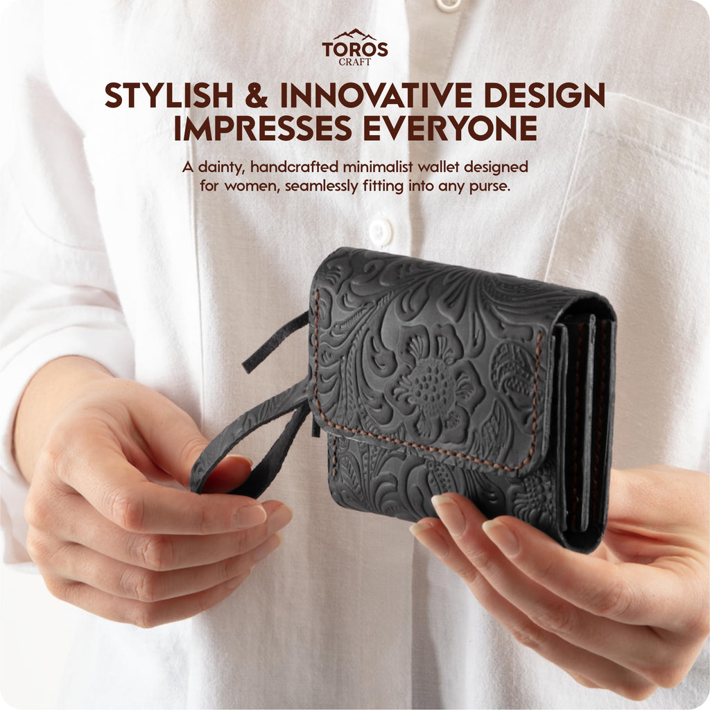 Toros Craft Handmade Wristlet Wallets for Women, Western Floral Leather Small Credit Card Holder with Zipper, Minimalist & Cute Coin Pouch, Genuine Leather, Dark Brown