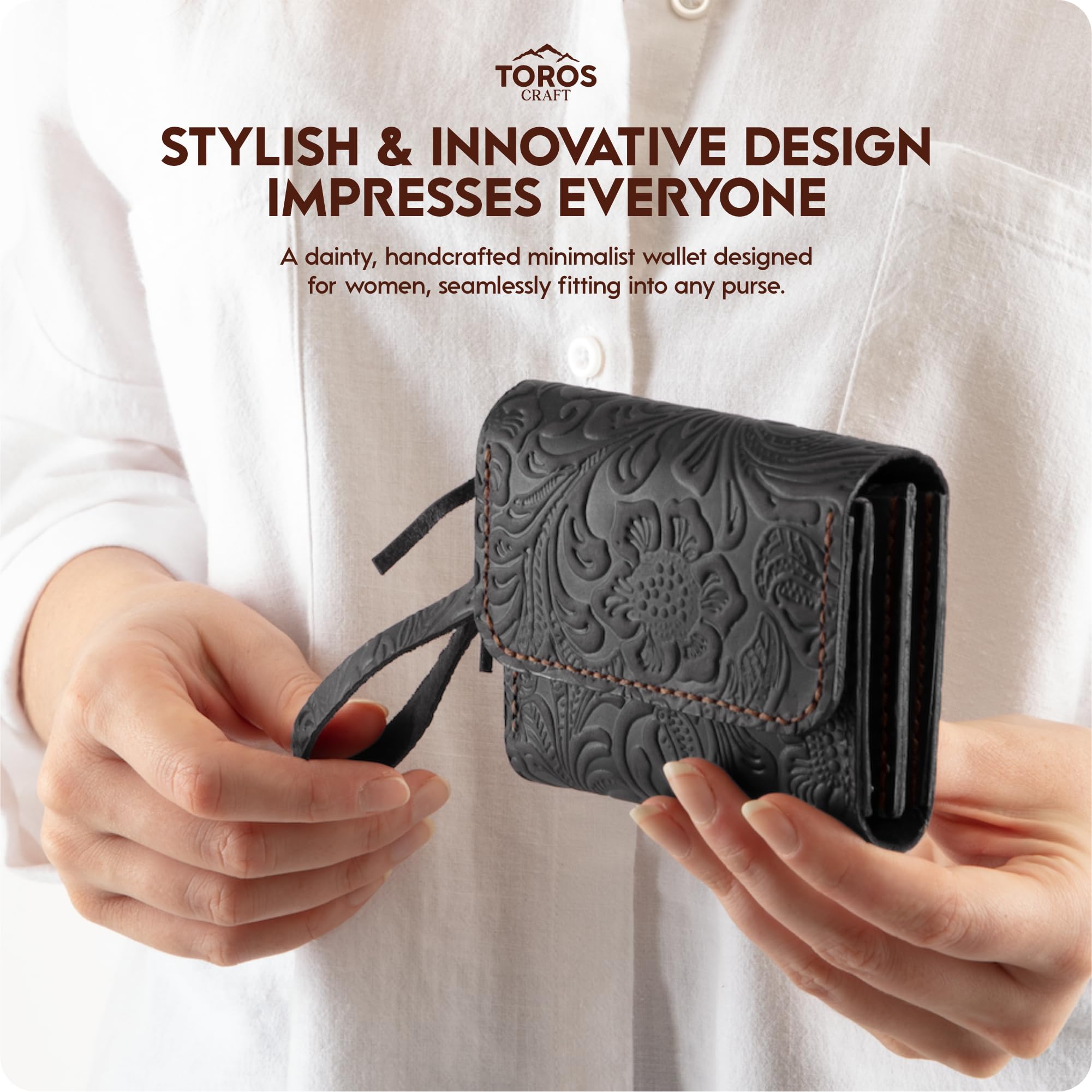 Toros Craft Handmade Wristlet Wallets for Women, Western Floral Leather Small Credit Card Holder with Zipper, Minimalist & Cute Coin Pouch, Genuine Leather, Dark Brown