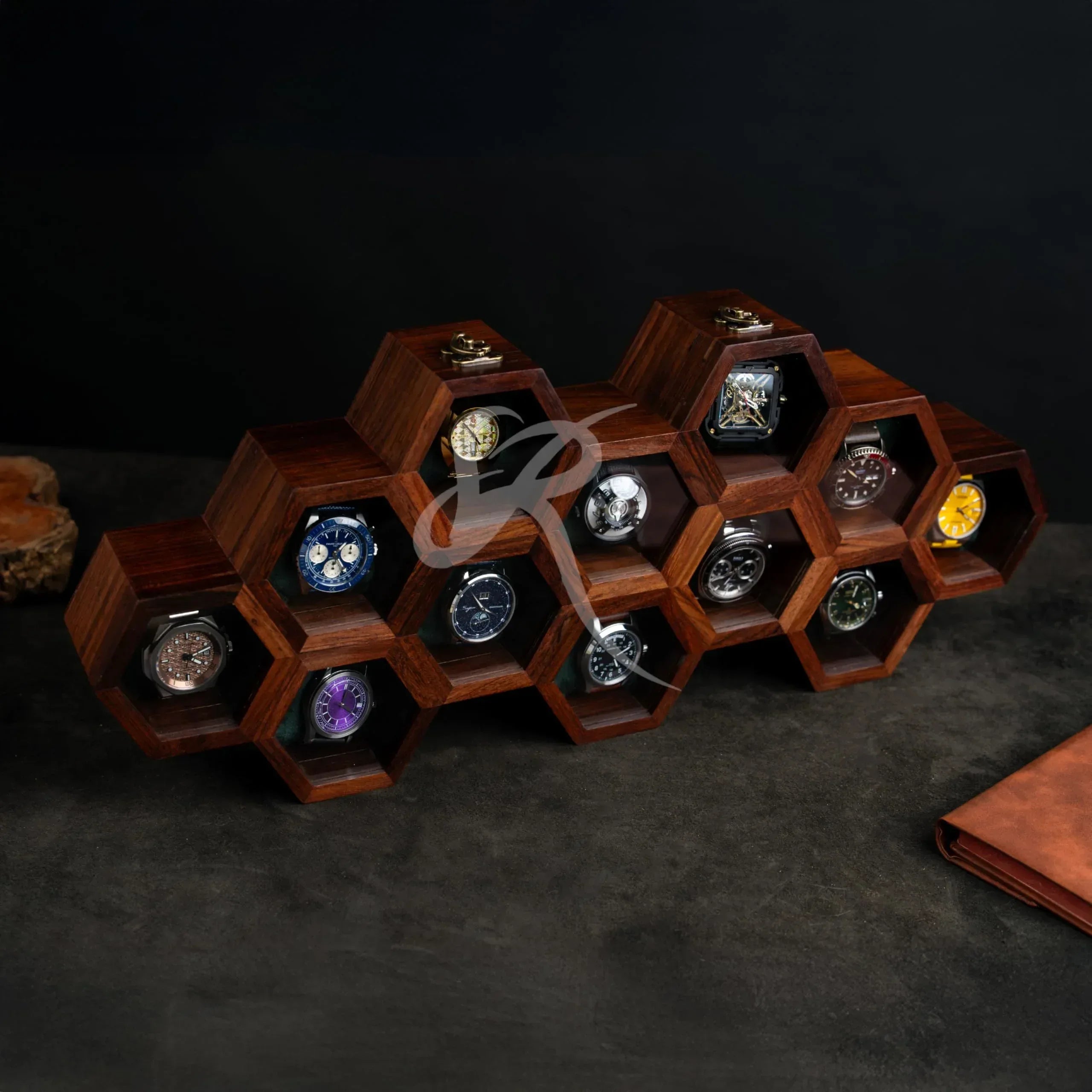 Premium 7-Slot Wooden Timepiece Display Case – Handcrafted Honeycomb Watch Box for Men in Superior Indian Rosewood | Hinged Glass Cover – Father’s Day Gift – Luxury Built to Last - Handmade Lifestyle Shop