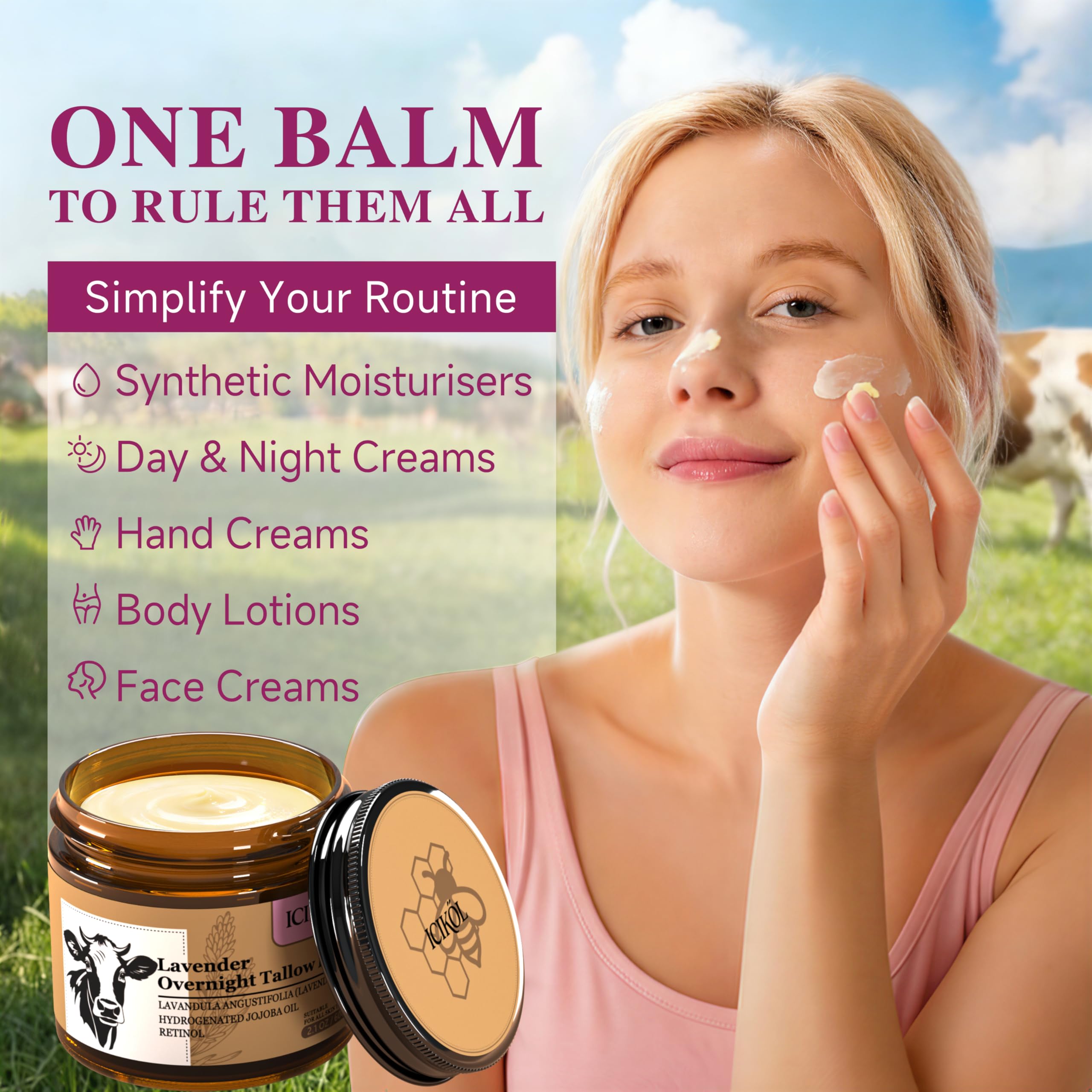 Beef Tallow Honey Balm, Grass-Fed Tallow Moisturizer for Face and Body, Deep Hydration Cream with White Tea Scent, Handmade Natural Skin Nourishment, 2.1 oz