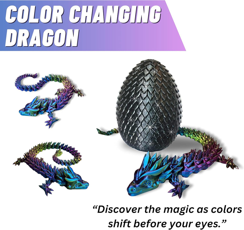 20" Articulated 3D Printed Dragon – Color-Changing Fidget Figurine, Mythical Figure, Made in USA, 3D Printed Toys - Valentines Day Gift for Boys and Girls (Rainbow with Blue Egg)