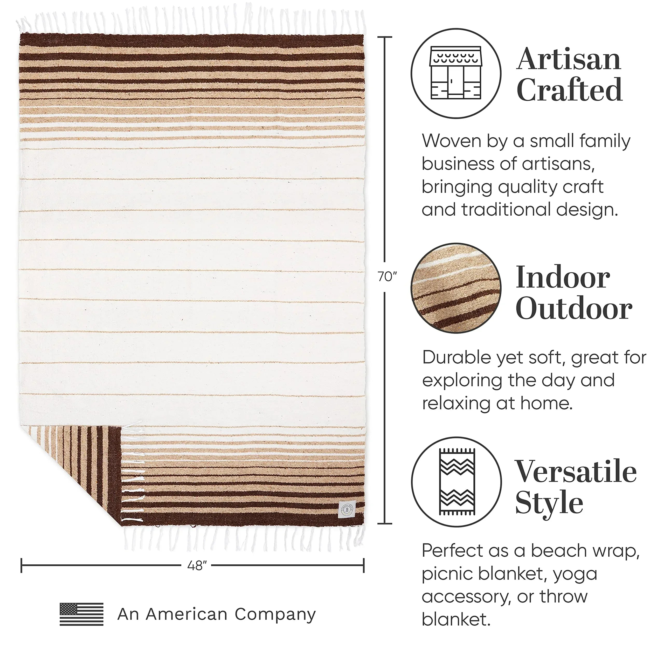 Tan Mexican Blanket by Laguna Beach Textile Co - Beach, Yoga, Camping, or Decorative Throw Blanket - Traditional Handmade Serape - Wheat Sol - Handmade Lifestyle Shop