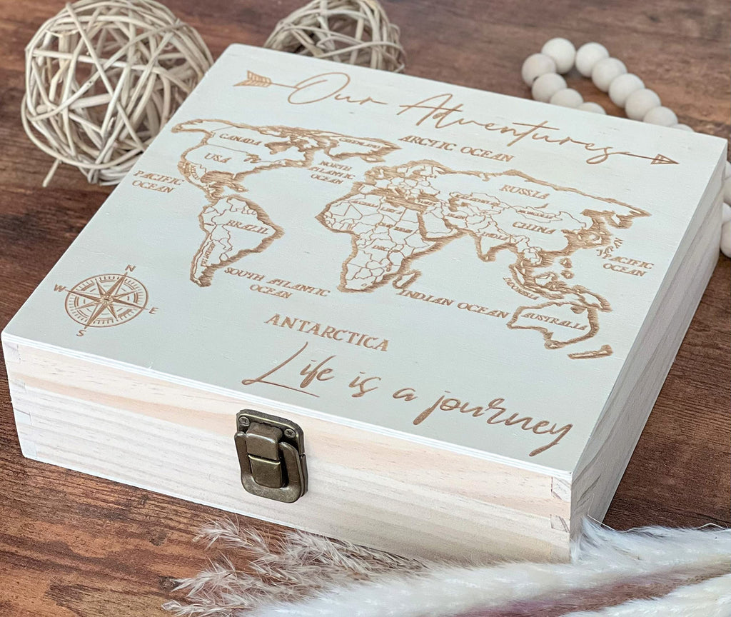 Dark Walnut Wooden Keepsake Box Our Adventures - 8.5x6x3in, Ideal for 5th Anniversary, Elegant Memory Box for Couples, Travel-Themed Storage