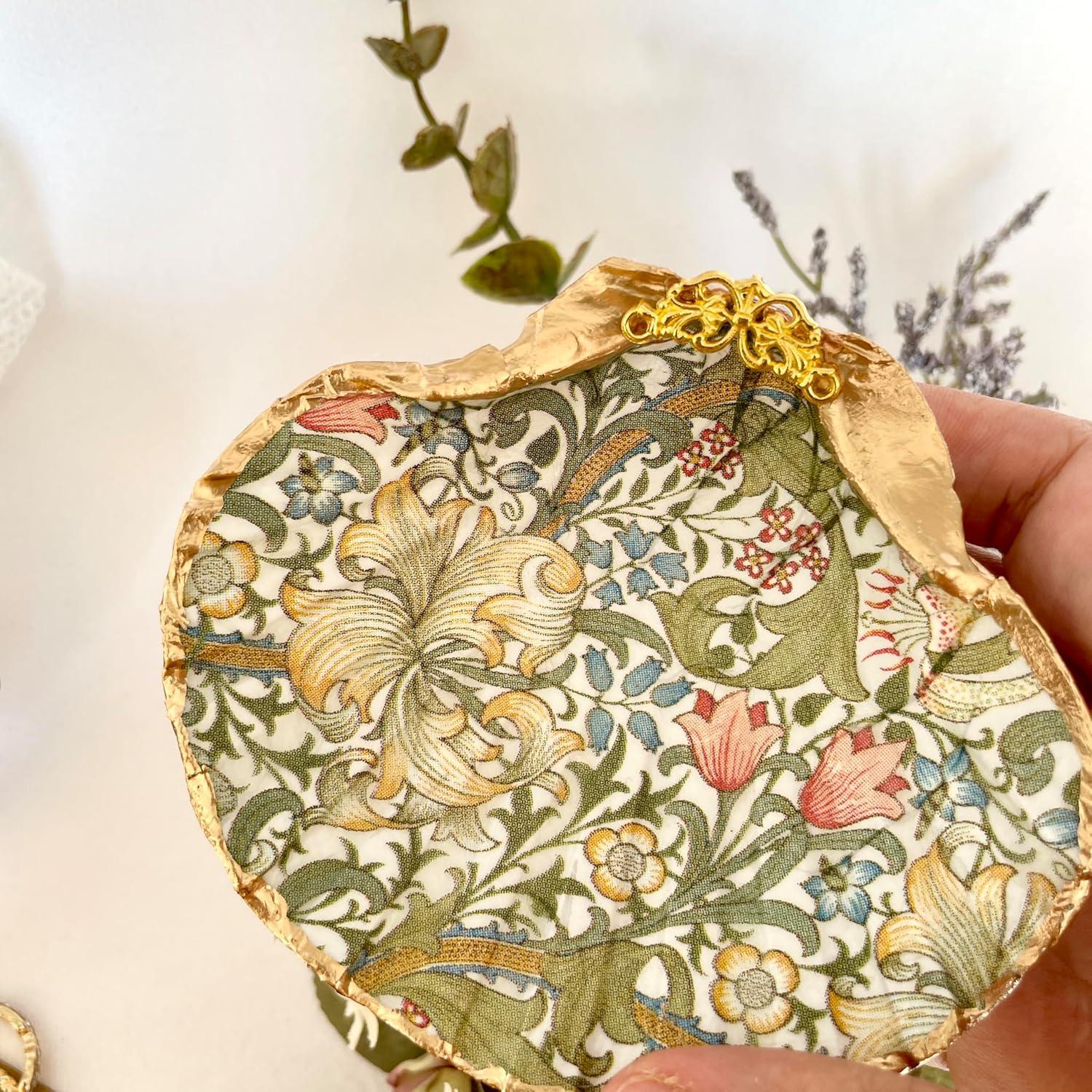 William Morris Natural Shell Jewelry Tray Gifts for Women, Handmade Ring Dish Room Decor Candle Holder for Mom Birthday/Wedding Gift Valentines Mothers Day Best Mom Graduation Gift (Golden Lily) - Handmade Lifestyle Shop