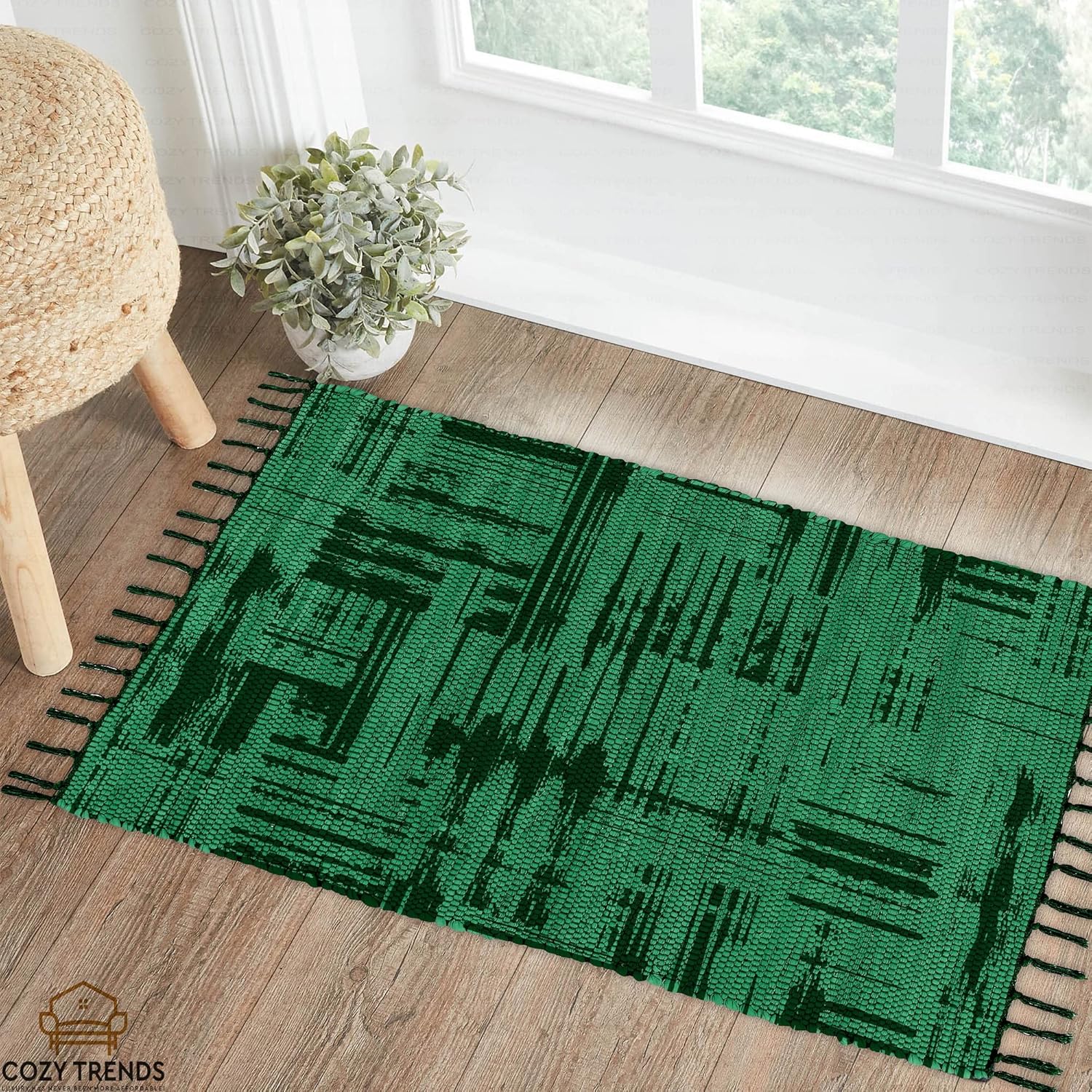 Handmade Cotton Rag Rug 24x36'' | 2x3' Multicolor Area Rugs- Hand Woven Washable & Reversible for Living Room Kitchen Entryway Throw Rug with Tassel (Denim)