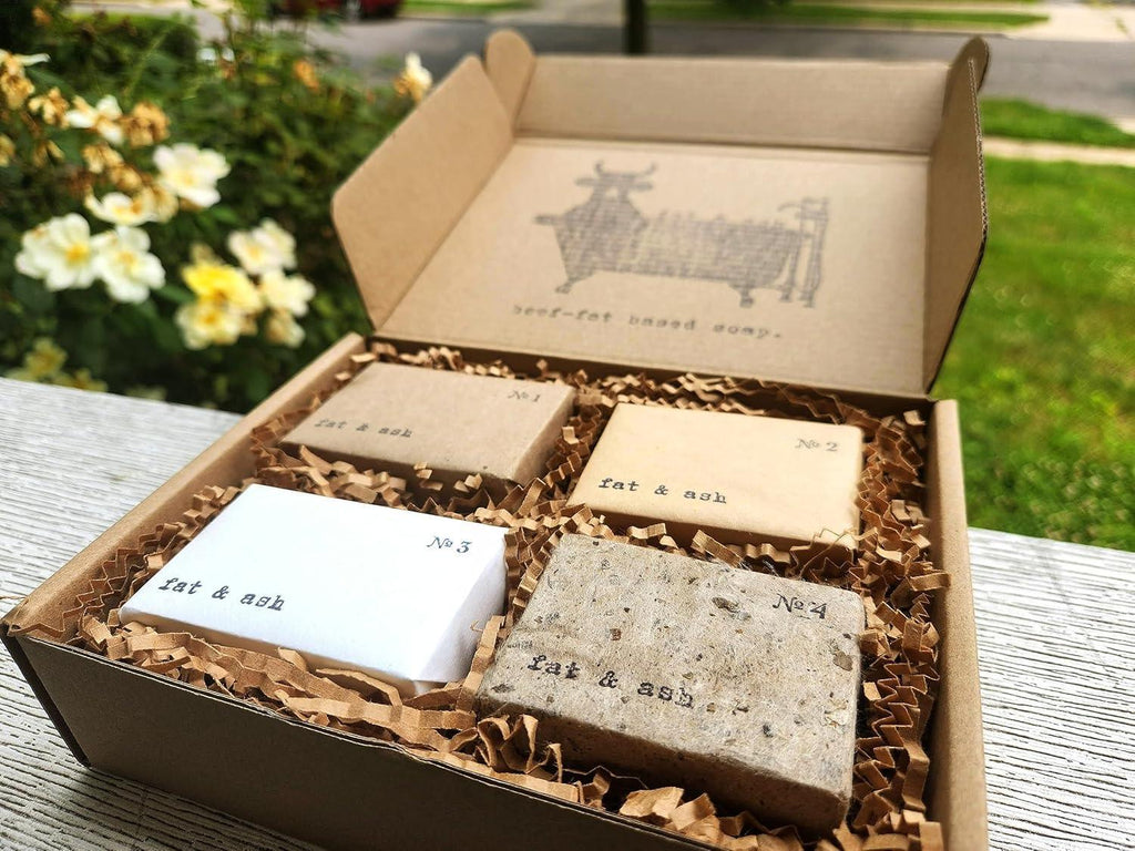 fat & ash Beef Tallow Soap Bar (4 Pack) - VERY SIMPLE INGREDIENTS - Organic and Moisturizing - Handmade in USA - Family Recipe - Long-Lasting, All-Natural, For Dry Skin - Handmade Lifestyle Shop