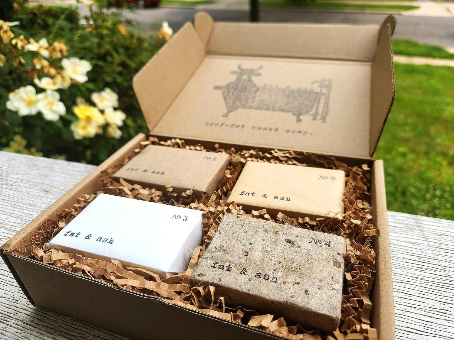 fat & ash Beef Tallow Soap Bar (4 Pack) - VERY SIMPLE INGREDIENTS - Organic and Moisturizing - Handmade in USA - Family Recipe - Long-Lasting, All-Natural, For Dry Skin - Handmade Lifestyle Shop