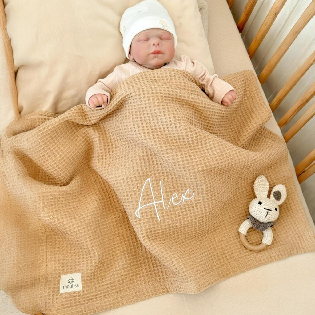 Mouliss Personalized Baby Blanket with Name – Handmade 100% Organic Cotton Newborn Gift | Custom Knit Blanket for Boys, Girls, Kids & Baby Showers