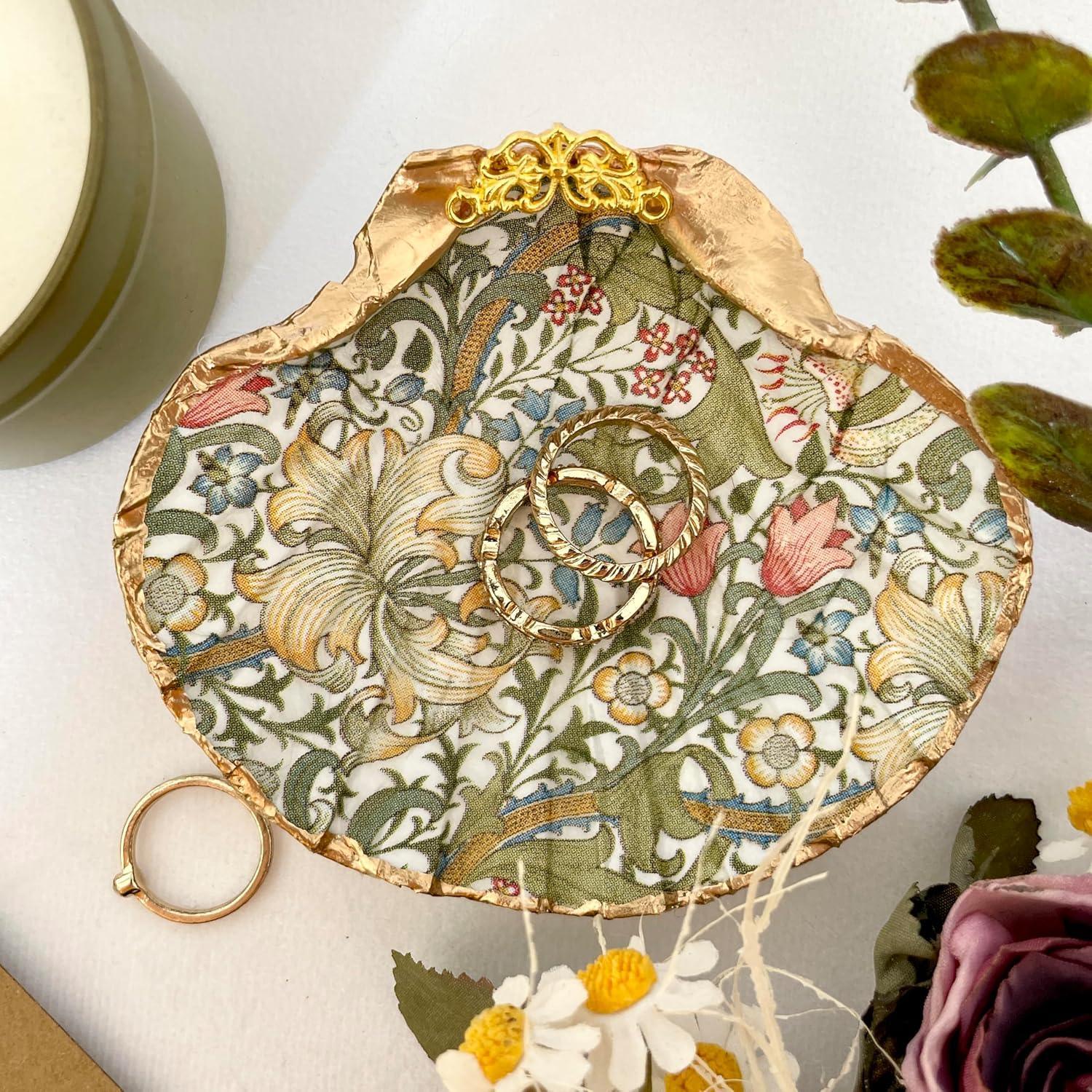William Morris Natural Shell Jewelry Tray Gifts for Women, Handmade Ring Dish Room Decor Candle Holder for Mom Birthday/Wedding Gift Valentines Mothers Day Best Mom Graduation Gift (Golden Lily) - Handmade Lifestyle Shop