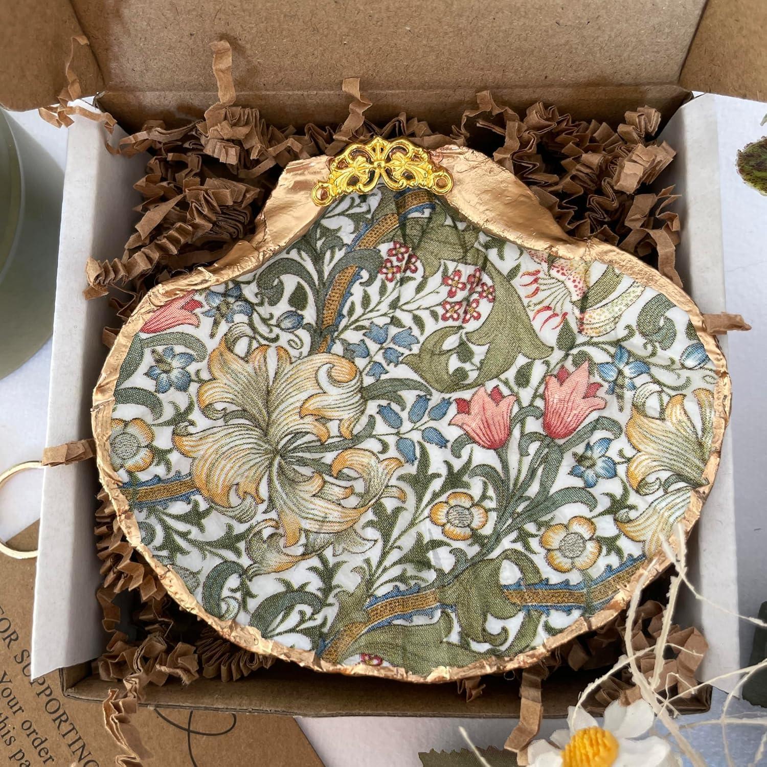 William Morris Natural Shell Jewelry Tray Gifts for Women, Handmade Ring Dish Room Decor Candle Holder for Mom Birthday/Wedding Gift Valentines Mothers Day Best Mom Graduation Gift (Golden Lily) - Handmade Lifestyle Shop