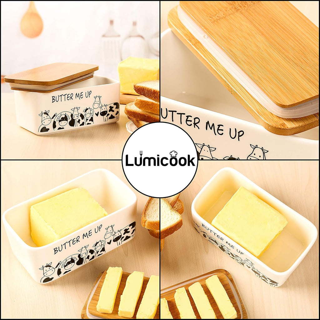 Butter Dish with Lid, Butter Dish with Lid for Countertop, White Butter Keeper Holds Up to 2 Sticks - Butter Holder and Container (Black butter me up, Large)
