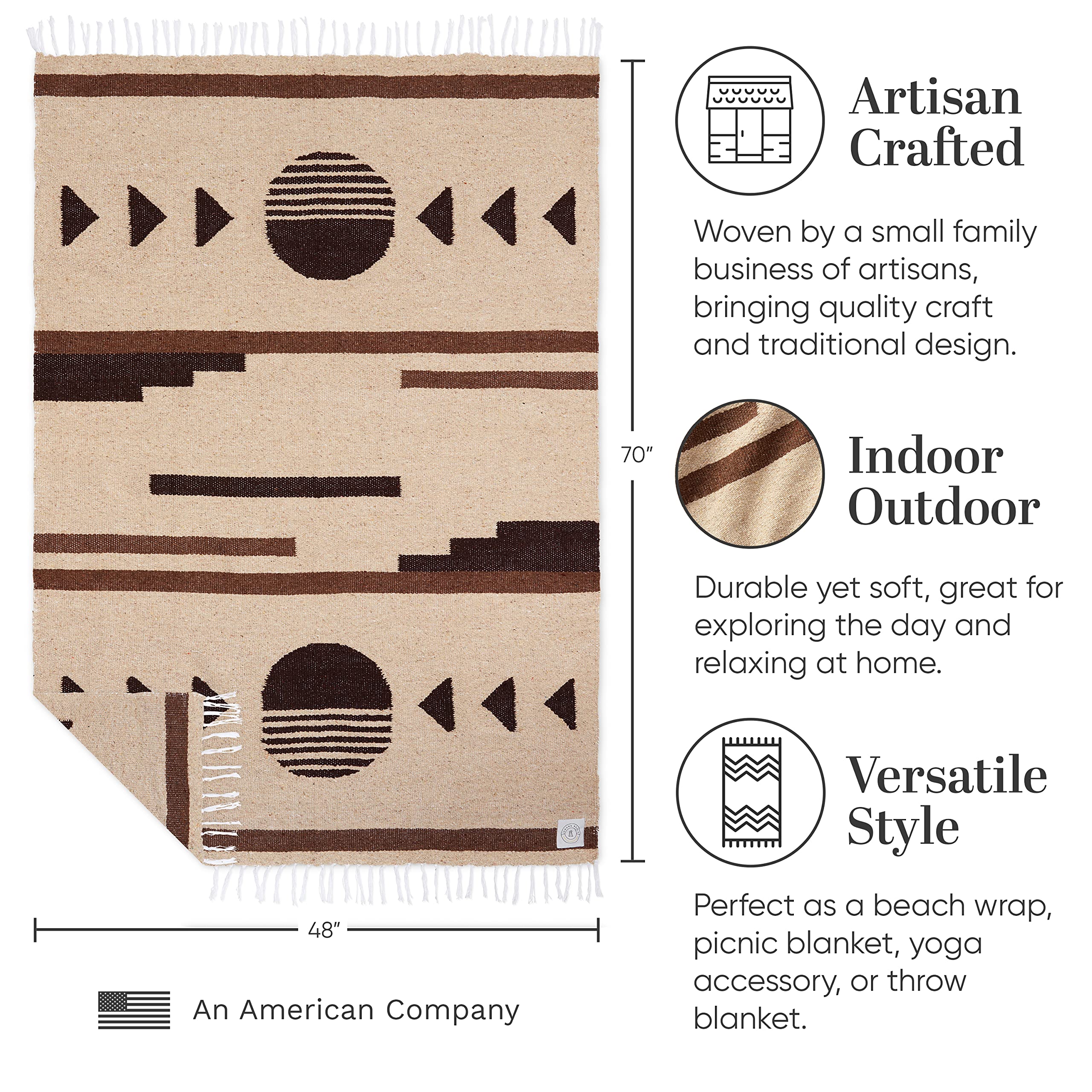 Tan Mexican Blanket by Laguna Beach Textile Co - Beach, Yoga, Camping, or Decorative Throw Blanket - Traditional Handmade Serape - Wheat Sol