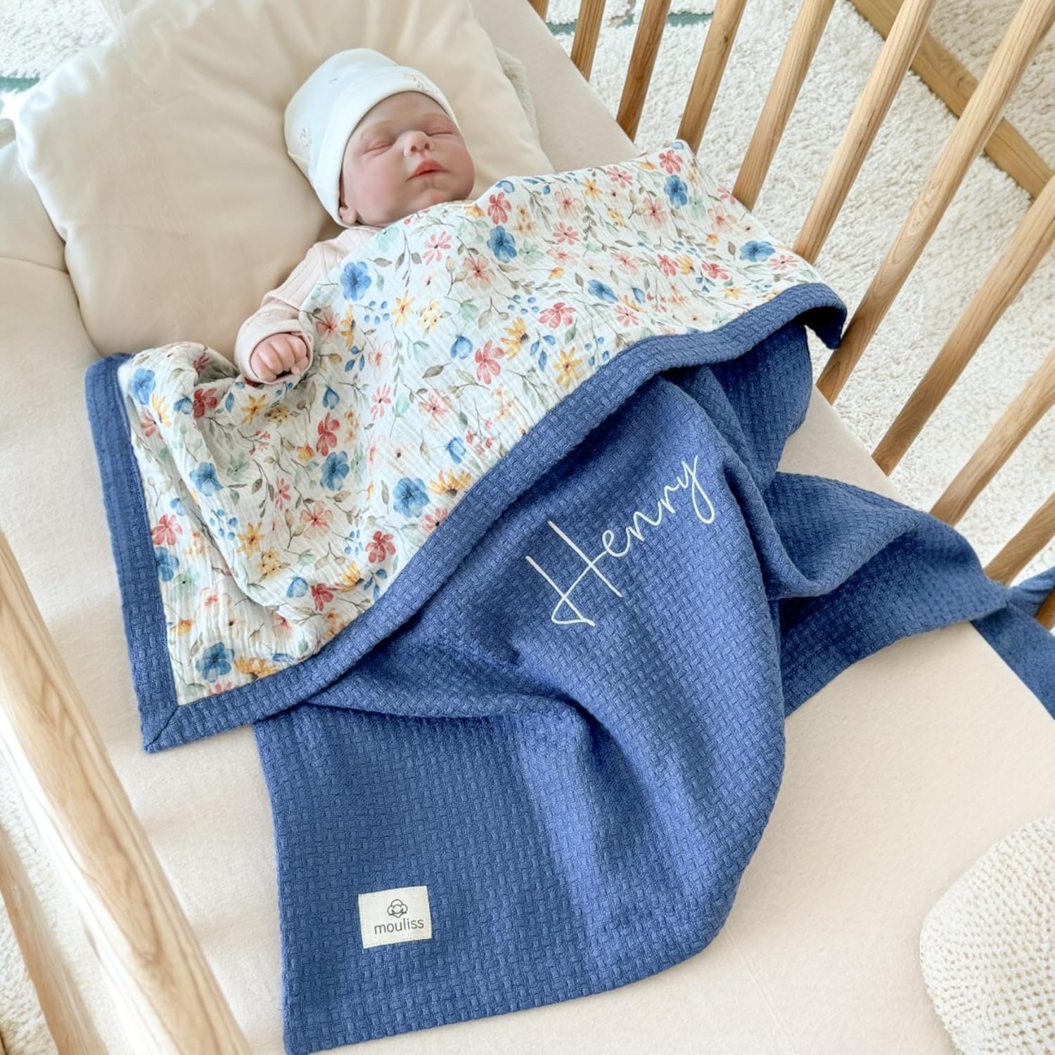 Mouliss Personalized Baby Blanket with Name – Handmade 100% Organic Cotton Newborn Gift | Custom Knit Blanket for Boys, Girls, Kids & Baby Showers