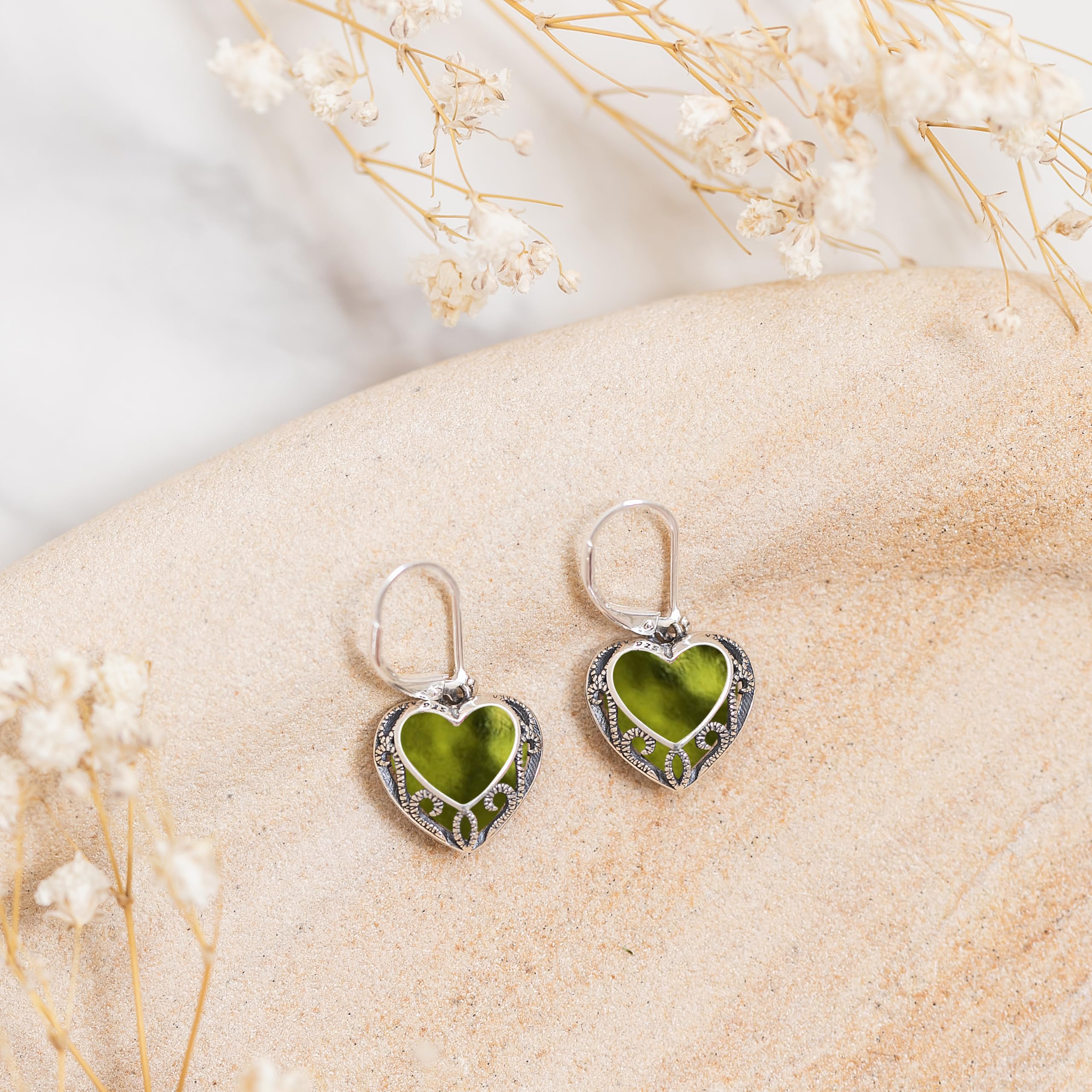 Bottled Up Designs Handmade Homespun Hearts Earrings, Recycled Vintage Glass, Sterling Silver, Eco Friendly, Made in USA, Mothers Day, Women, Anniversary