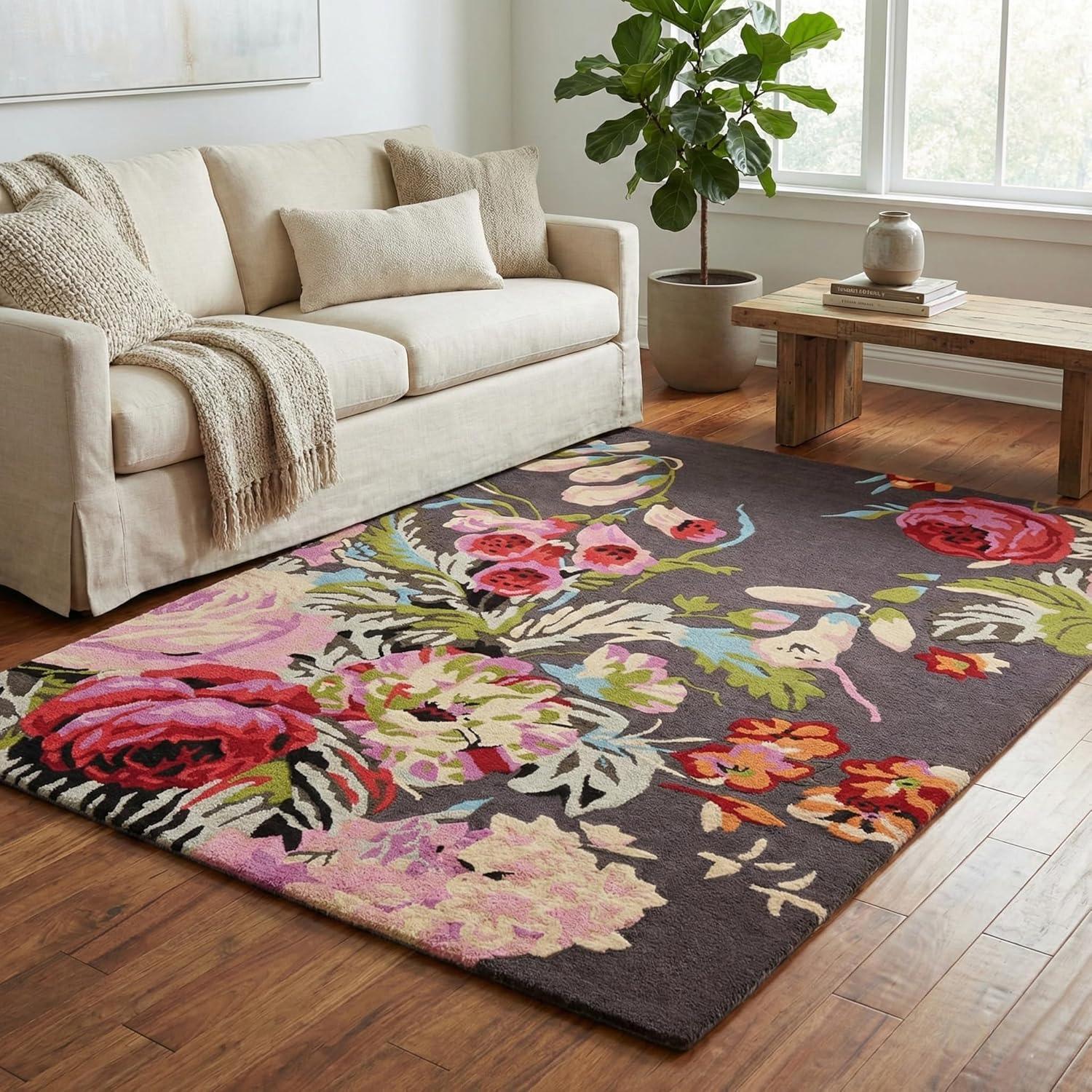 Modern Rose Floral Wool Rug | Handmade Area Rug with Garden Colorful Flowers for Living Room Dining Room and Kitchen (Brown, 10x8 ft) - Handmade Lifestyle Shop