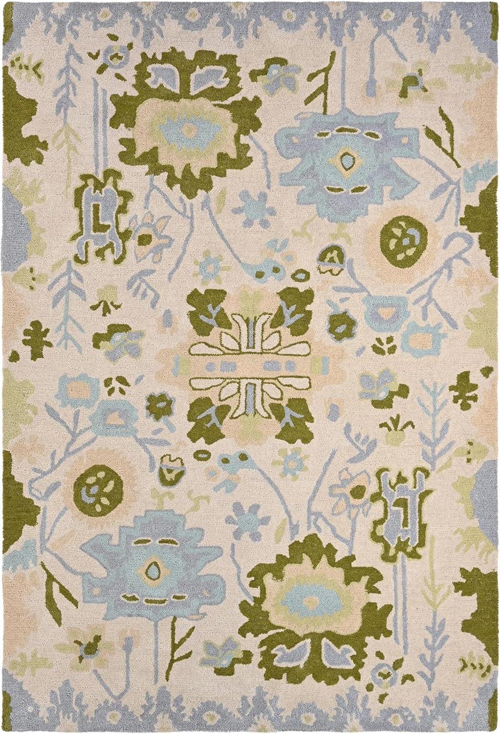 Handmade Oushak Wool Area Rug | Floral and Botanical Patterns in Soft Blue and Green | Luxurious Thick Pile for Living Room, Bedroom & Dining Room Decor (Ivory, 5' x 8') - Handmade Lifestyle Shop