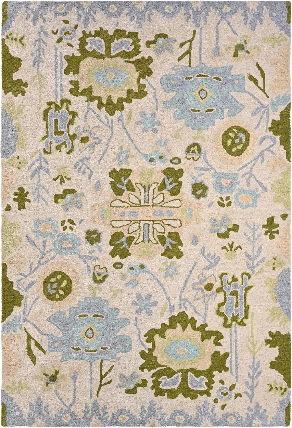 Handmade Oushak Wool Area Rug | Floral and Botanical Patterns in Soft Blue and Green | Luxurious Thick Pile for Living Room, Bedroom & Dining Room Decor (Ivory, 5' x 8')