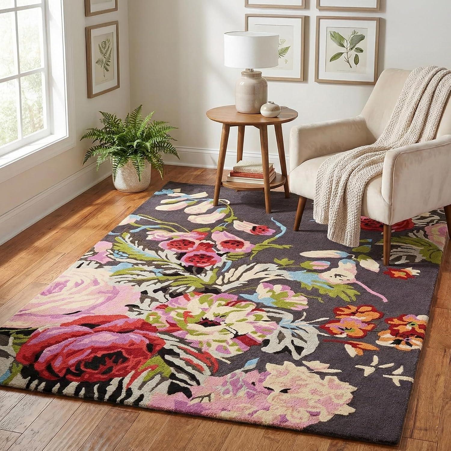 Modern Rose Floral Wool Rug | Handmade Area Rug with Garden Colorful Flowers for Living Room Dining Room and Kitchen (Brown, 10x8 ft) - Handmade Lifestyle Shop