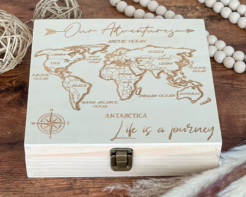 Dark Walnut Wooden Keepsake Box Our Adventures - 8.5x6x3in, Ideal for 5th Anniversary, Elegant Memory Box for Couples, Travel-Themed Storage