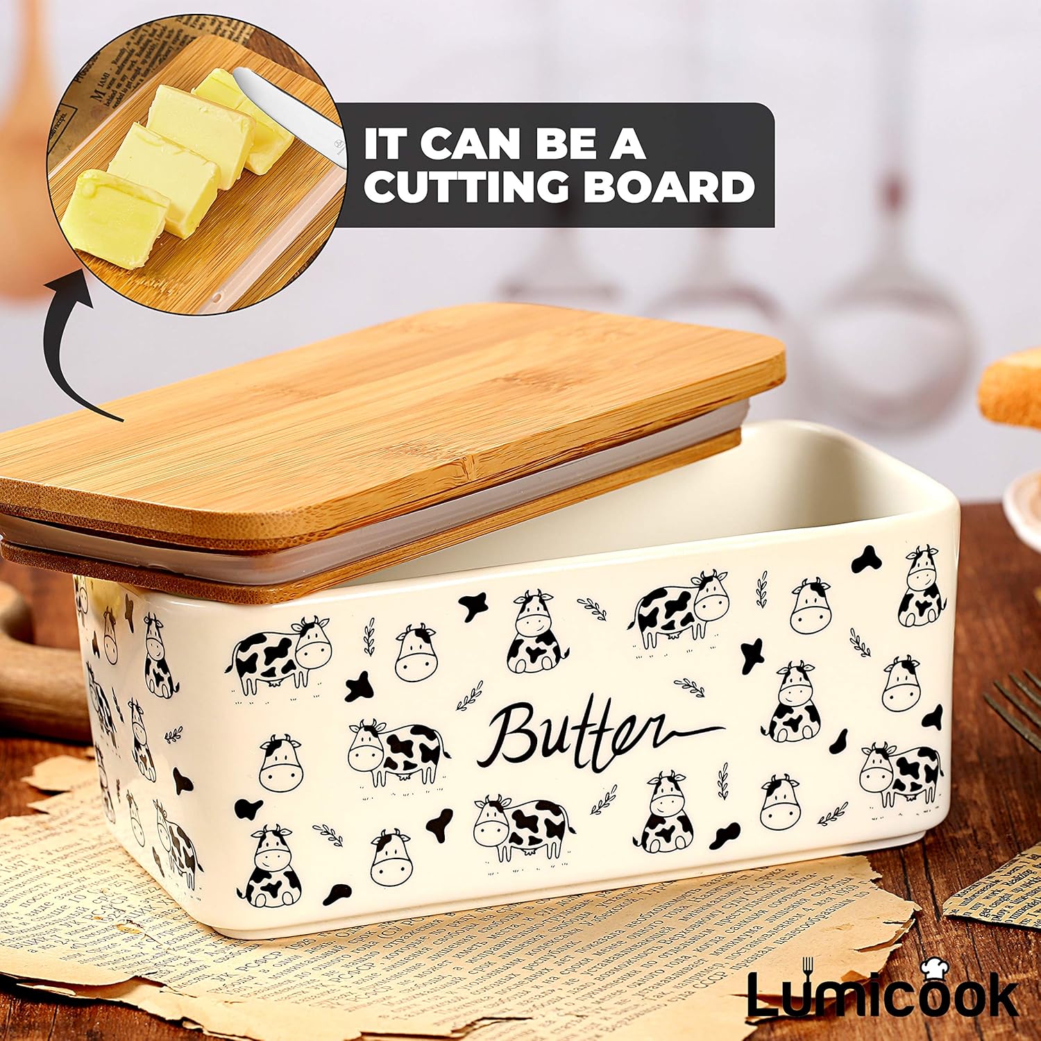 Butter Dish with Lid, Butter Dish with Lid for Countertop, White Butter Keeper Holds Up to 2 Sticks - Butter Holder and Container (Black butter me up, Large)