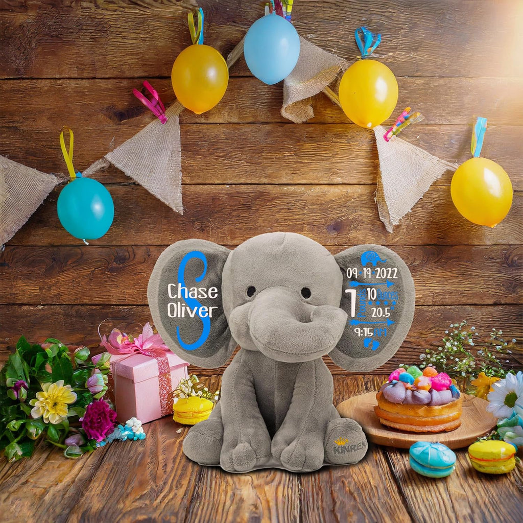 Personalized Elephant Stuffed Animal - Custom Birth Stats Announcement Stuff Elephants Animals for Babies, Baby Shower, Boy, Girl, Newborn, Customized Keepsake Plush Bear Gifts, Pink 9 Inches