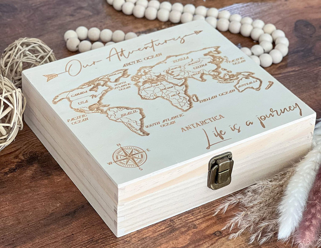 Dark Walnut Wooden Keepsake Box Our Adventures - 8.5x6x3in, Ideal for 5th Anniversary, Elegant Memory Box for Couples, Travel-Themed Storage