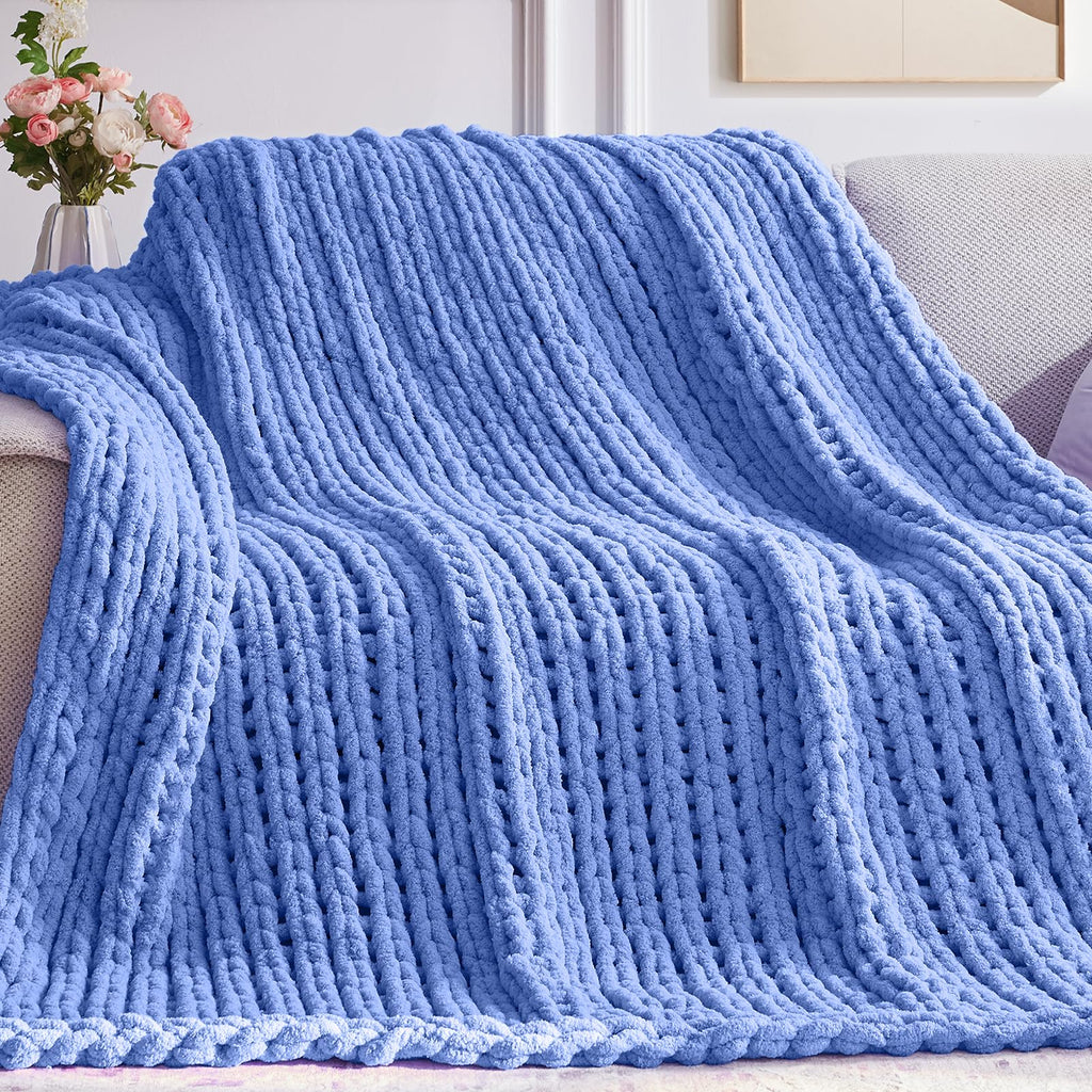 Chunky Knit Throw Blanket, 50''*60'' Knitted Throw Chenille Yarn for Bed Couch, Handmade Cream Crochet Big Thick Blanket, Machine Washable Cute Comfy Blanket for Home Decor