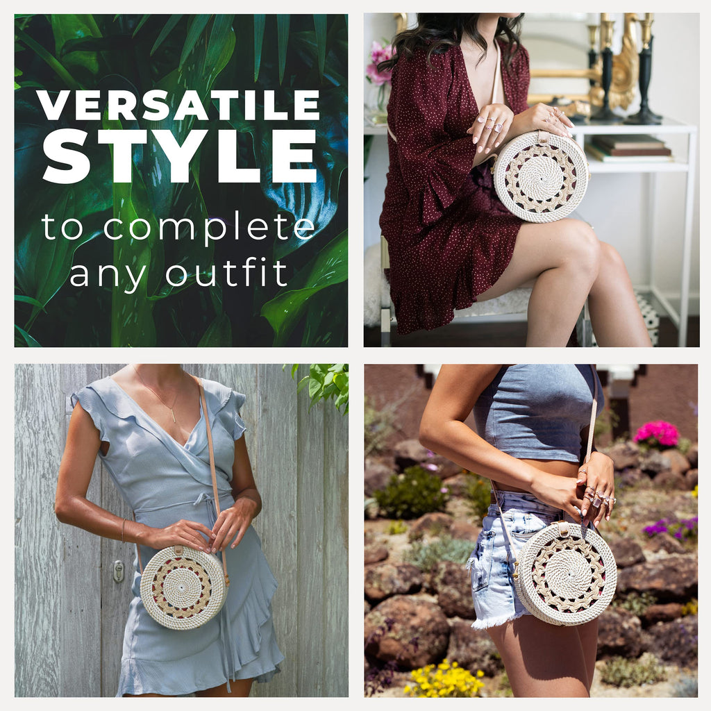 Novum Crafts Round Rattan Bag for Women - Handmade Straw Bags - Wicker Purse - Brown White Circle Crossbody Boho Bags