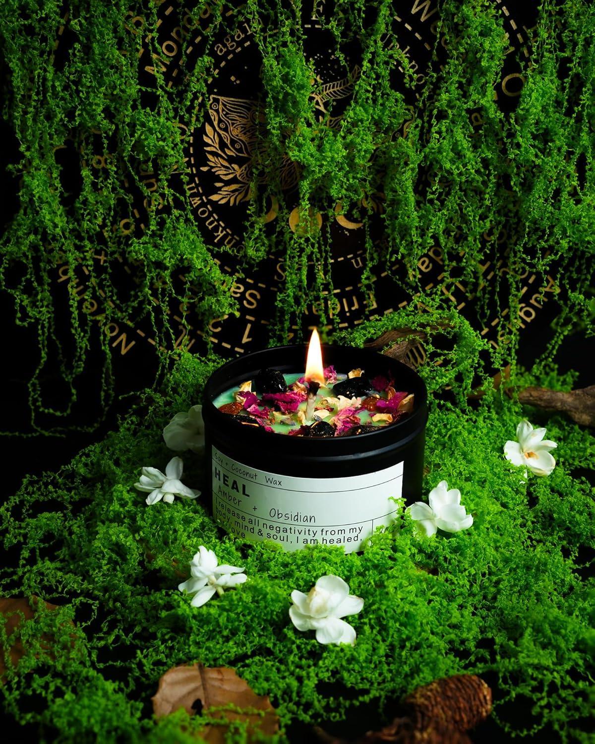 Obsidian Crystal Energy Candle, Good Aura Health Protection, Baltic Amber Chakra Magic Self-Care, Emotional Support, Encouragement and Affirmation Gift.(HEAL) - Handmade Lifestyle Shop