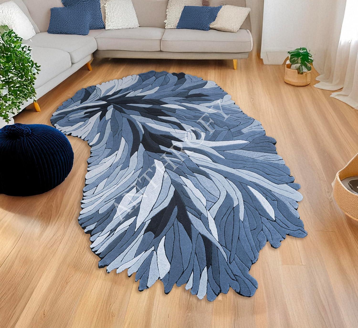 Irregular Shape Wool Area Rug – 3’ x 5' – Blue Color Handmade Unique Contemporary Botanical Design – Thick & Soft Rugs for Living Room, Bedroom - Handmade Lifestyle Shop