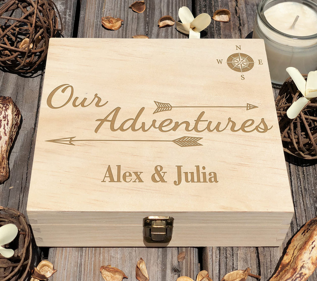 Dark Walnut Wooden Keepsake Box Our Adventures - 8.5x6x3in, Ideal for 5th Anniversary, Elegant Memory Box for Couples, Travel-Themed Storage