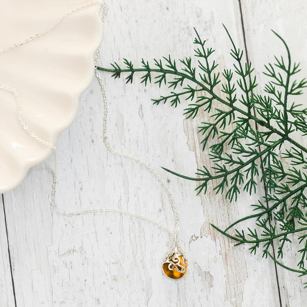 Bottled Up Designs Handmade Filigree Teardrop Necklace, Recycled Antique Glass, Sterling Silver, Eco Friendly, Made in USA, Birthday Gifts, Mothers Day, Women, Anniversary