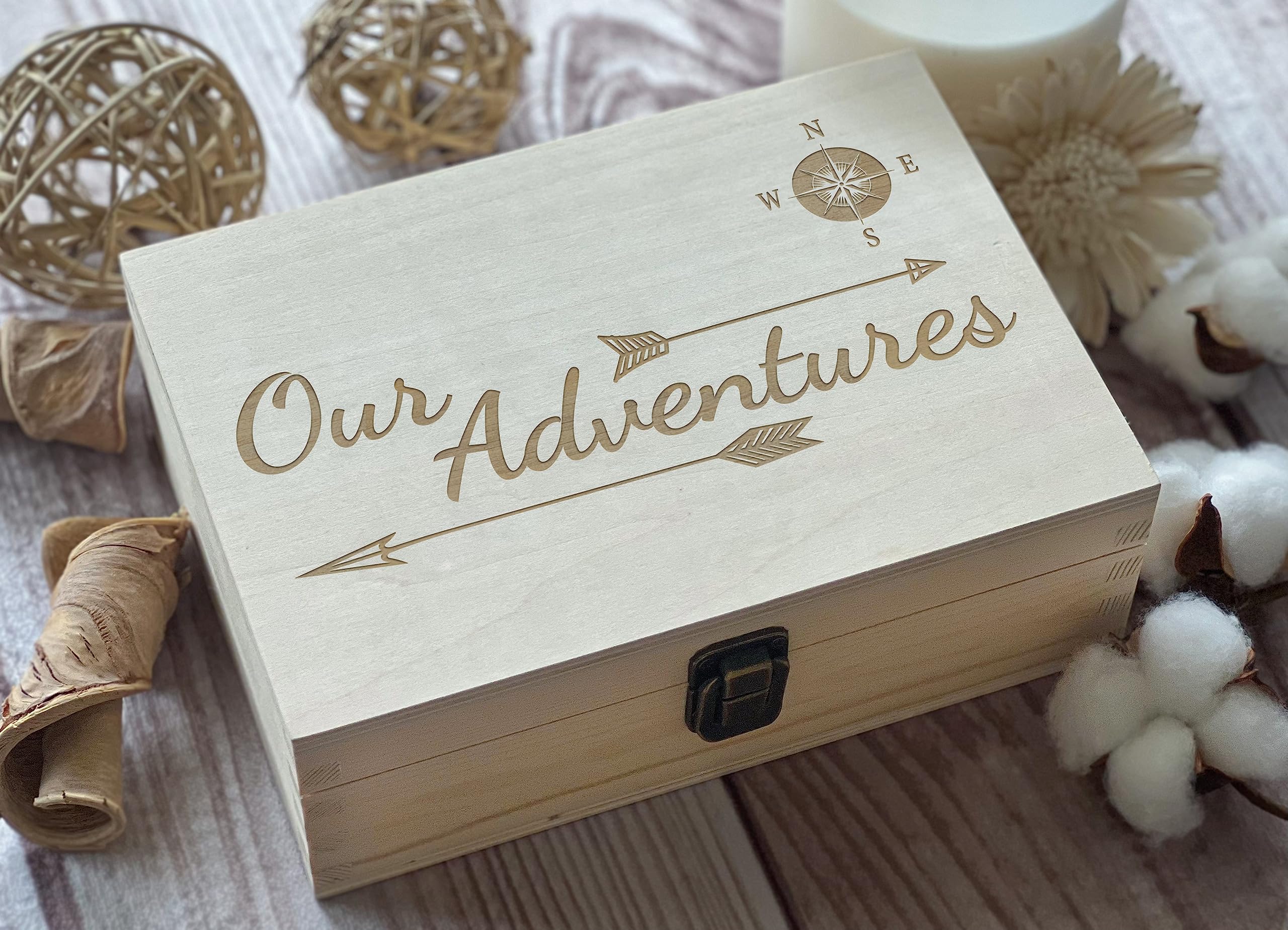Dark Walnut Wooden Keepsake Box Our Adventures - 8.5x6x3in, Ideal for 5th Anniversary, Elegant Memory Box for Couples, Travel-Themed Storage
