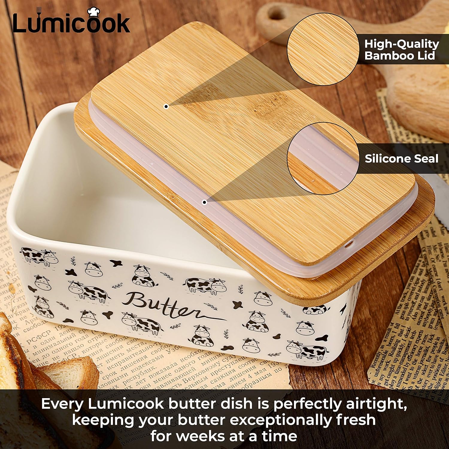 Butter Dish with Lid, Butter Dish with Lid for Countertop, White Butter Keeper Holds Up to 2 Sticks - Butter Holder and Container (Black butter me up, Large)