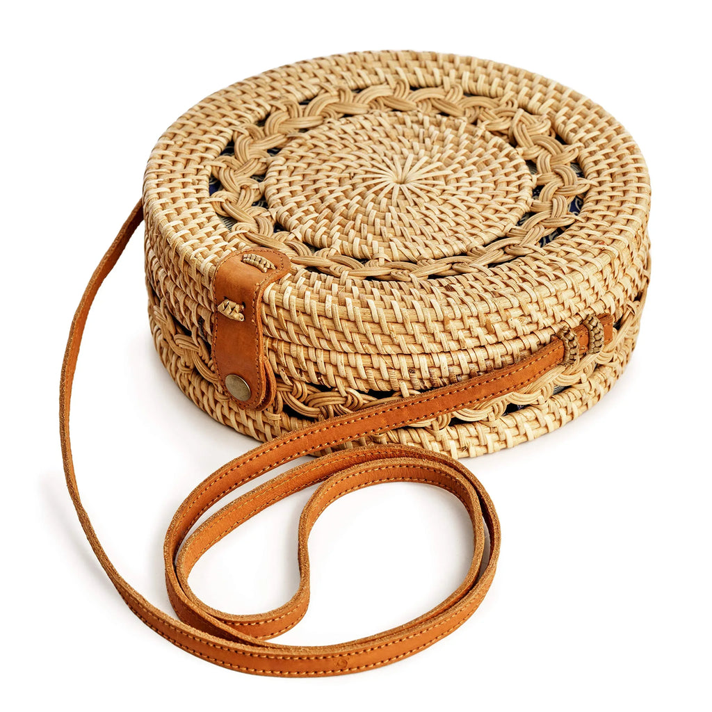 Novum Crafts Round Rattan Bag for Women - Handmade Straw Bags - Wicker Purse - Brown White Circle Crossbody Boho Bags - Handmade Lifestyle Shop