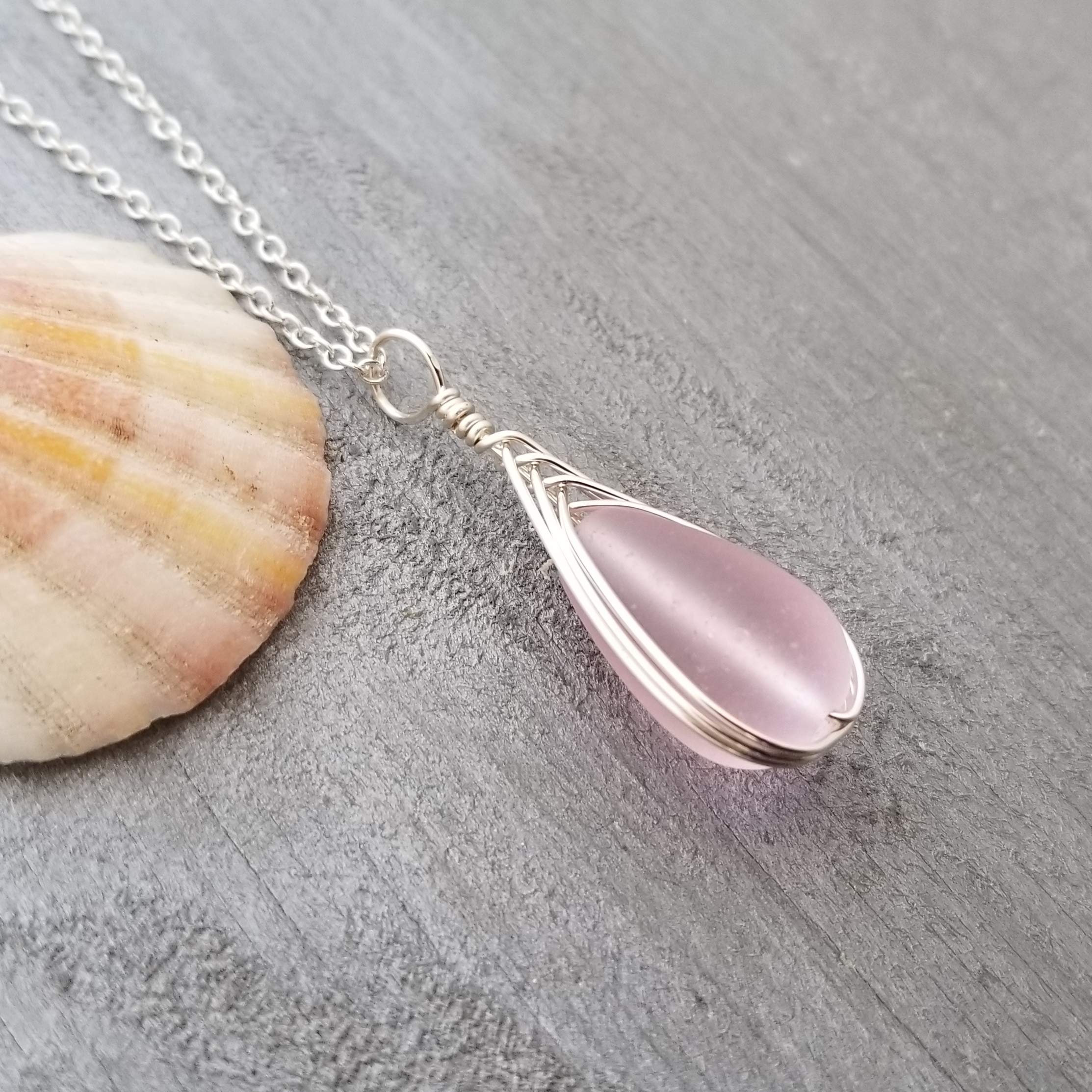 Yinahawaii Handmade Sea Glass Necklace, Hawaiian Jewelry For Women, Braided Teardrop Necklace, Unique Sea Glass Jewelry For Women Birthday Gift