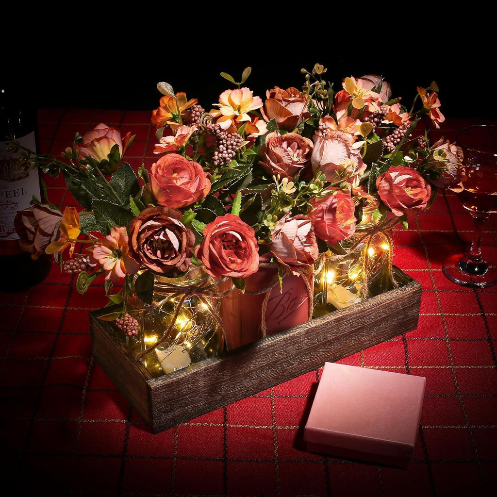 3 Pcs Mason Jar Centerpiece Table Decorations for Dining Table Decor Farmhouse Coffee Table Decor with Wood Tray and Led Light Table Centerpieces for Dining room Kitchen Living Bathroom,Orange - Handmade Lifestyle Shop