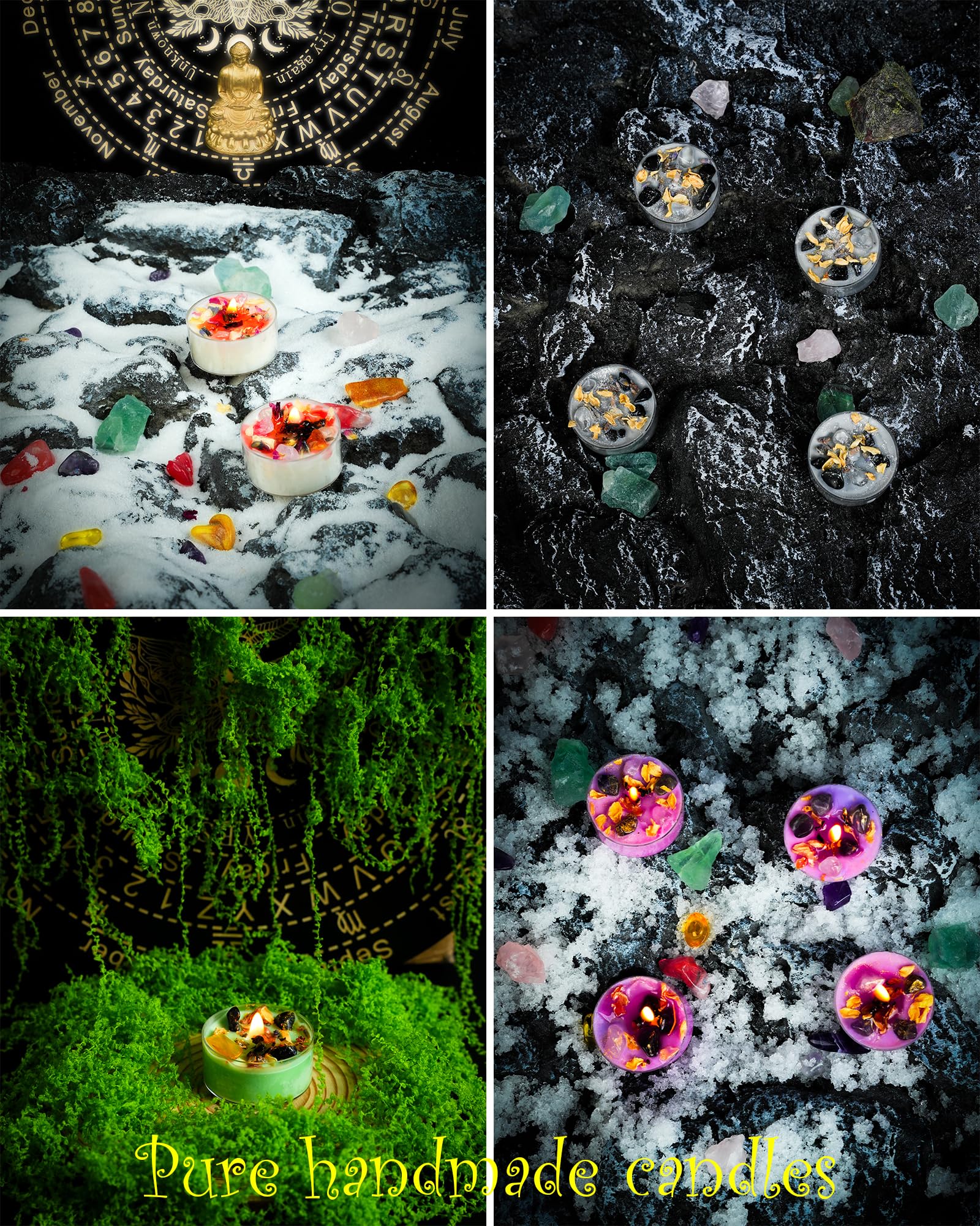 Tealight Soy Candles with Crystals and Herbs, Handmade Energy Candles, Aromatherapy Candles. (Mixed)