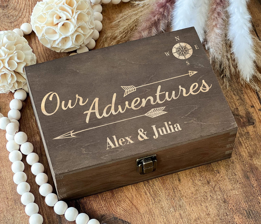 Dark Walnut Wooden Keepsake Box Our Adventures - 8.5x6x3in, Ideal for 5th Anniversary, Elegant Memory Box for Couples, Travel-Themed Storage