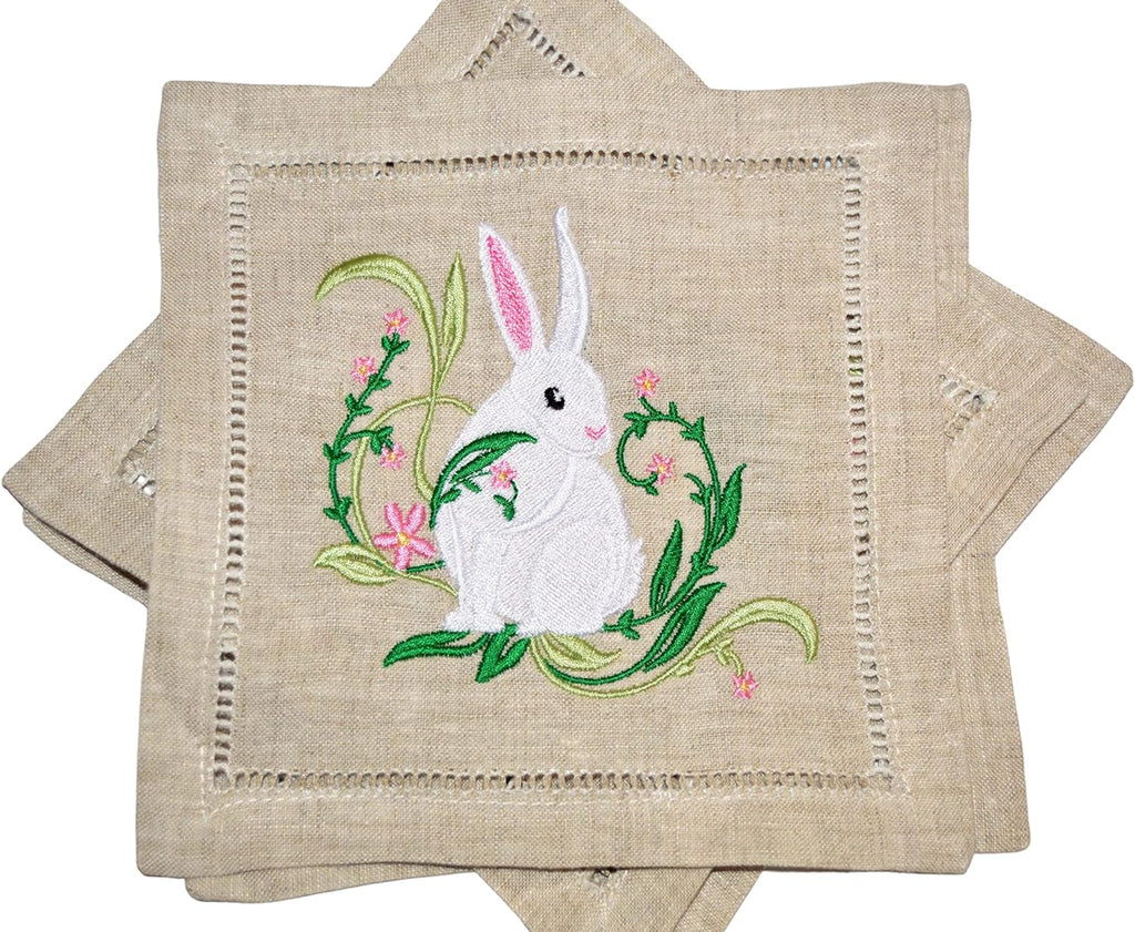 Spring Bunny Linen Beverage Napkins, Easter Bunny with Flowers embroidered Cocktail Napkin